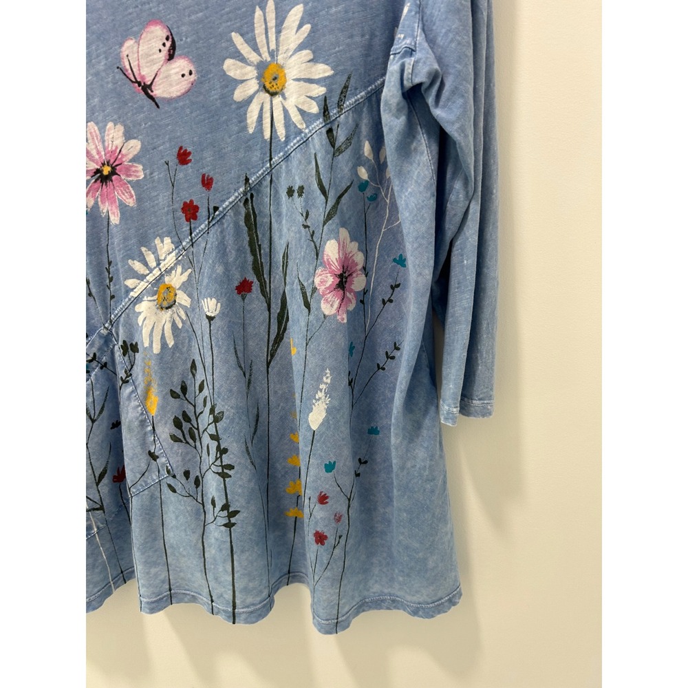 Jess & Jane Blue Mineral Wash Floral Butterfly Tunic Top XL Pocket Made in USA - Picture 8 of 10